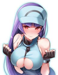  1girl ace_trainer_(pokemon) ace_trainer_(pokemon)_(cosplay) alternate_costume bare_shoulders blush breasts cleavage cleavage_cutout clenched_hands clothing_cutout cosplay creatures_(company) fingerless_gloves forearms_at_chest game_freak gloves gym_leader hizuki_akira large_breasts long_hair nintendo paizuri_invitation pokemon pokemon_frlg pokemon_sm purple_hair red_eyes sabrina_(pokemon) solo underboob underboob_cutout visor_cap  rating:Sensitive score:157 user:danbooru