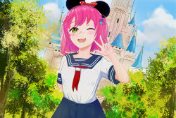  1girl absurdres animal_ears bow disney disneyland freckles highres measles measles-chan mouse_ears personification pink_hair sailor_collar sailor_suit school_uniform wink yellow_eyes  rating:Sensitive score:1 user:gobekli