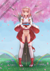  1girl armor armored_dress artist_name blush bridal_gauntlets clothes_lift commission female_focus fire_emblem fire_emblem_fates full_body grass hairband highres japanese_clothes kimono looking_at_viewer mir_tan mountain nintendo obi open_toe_boots outdoors panties panties_around_leg peeing pink_eyes pink_hair presenting pussy rainbow red_footwear red_obi red_panties ribbon sakura_(fire_emblem) sash sidelocks skirt skirt_lift sky smile solo standing tearing_up thighhighs tree uncensored underwear white_kimono white_thighhighs  rating:Explicit score:59 user:akarin_akari