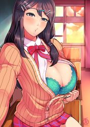  1girl black_hair blush bra breasts breasts_outside cleavage desk genei_ibunroku_#fe huge_breasts lips naughty_face one_eye_closed open_clothes oribe_tsubasa parted_lips revolverwing school_desk school_uniform self_shot sitting smile solo sweater taking_picture underwear  rating:Questionable score:14 user:TDogarooski