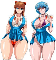  2girls absurdres alcione_makoto alternate_breast_size ayanami_rei beer_can blue_eyes blue_hair breasts brown_hair cameltoe can cleft_of_venus clothes_lift drink_can highleg highleg_panties highres large_breasts lifted_by_self lips miniskirt multiple_girls neon_genesis_evangelion nipples open_clothes open_shirt panties red_eyes red_panties school_uniform shirt short_hair simple_background skirt skirt_lift souryuu_asuka_langley standing thong tokyo-3_middle_school_uniform transparent_background underwear undressing white_shirt 