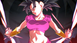  1girl black_eyes black_hair breasts collarbone commentary_request dragon_ball dragon_ball_super earrings energy_beam jewelry kefla_(dragon_ball) large_breasts looking_at_viewer midriff navel outstretched_arms parted_lips potara_earrings rom_(20) saiyan short_hair smile solo  rating:Sensitive score:123 user:danbooru