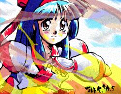  1990s_(style) 1girl ainu_clothes artist_name blue_hair breasts brown_eyes fingerless_gloves gloves hair_ribbon long_hair looking_at_viewer nakoruru pc98 retro_artstyle ribbon samurai_spirits small_breasts smile snk solo the_king_of_fighters 