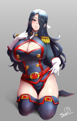  1girl azuma_fubuki belt black_hair black_thighhighs blue_eyes breasts cleavage cleavage_cutout clothing_cutout epaulettes gloves hair_over_one_eye highres huge_breasts impossible_clothes impossible_shirt kneeling long_bangs long_hair looking_at_viewer mato_seihei_no_slave mature_female military military_uniform parted_lips pelvic_curtain shirt sian smile solo thighhighs thighs uniform white_gloves  rating:Sensitive score:144 user:danbooru