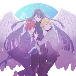  3boys ^_^ ahoge angel_wings aqua_hair barefoot belt black_belt black_jacket black_pants black_shirt black_suit blonde_hair blue_background business_suit closed_eyes closed_mouth coat collared_shirt colored_inner_hair cowlick cross cross_necklace curtained_hair earrings facing_viewer feet_out_of_frame formal green_hair green_necktie grey_hair grey_jacket grey_vest group_hug hair_between_eyes hand_on_another&#039;s_head highres hug hypnosis_mic id_card izanami_hifumi jacket jewelry jinguji_jakurai kannonzaka_doppo lab_coat lanyard long_hair long_sleeves male_focus matenro_(hypnosis_mic) multicolored_hair multiple_boys necklace necktie open_clothes open_coat open_jacket pants purple_hair red_hair sa-co shirt short_hair single_sidelock smile streaked_hair striped_clothes striped_necktie striped_shirt stud_earrings suit turtleneck two-tone_background very_long_hair vest white_background white_coat white_shirt wings 