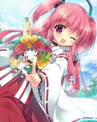 1girl angel_beats! commentary_request cowboy_shot hakama highres index_finger_raised japanese_clothes long_hair looking_at_viewer miko mitsumomo_mamu new_year one_eye_closed pink_eyes pink_hair red_hakama solo two_side_up yui_(angel_beats!) 
