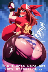 ... 1girl ass ass_focus bandana bike_shorts blue_eyes blush breasts brown_hair covered_erect_nipples creatures_(company) curvy from_behind game_freak gigantic_breasts huge_ass long_hair looking_at_viewer looking_back may_(pokemon) nintendo panties plump poke_ball pokemon pokemon_rse riendonut solo striped_clothes striped_panties text_focus thick_thighs thighs torn_bike_shorts torn_clothes underwear wide_hips rating:Questionable score:134 user:Perv-Ultra