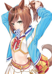  1girl animal_ears arms_up belly_chain belt blue_jacket bow brown_hair commentary_request crop_top grey_eyes horse_ears jacket jewelry long_hair midriff miri_(ago550421) mouth_hold navel nice_nature_(run&amp;win)_(umamusume) nice_nature_(umamusume) open_clothes open_jacket orange_belt red_bow shirt simple_background skirt solo stomach tail tying_hair umamusume upper_body white_background white_shirt white_skirt 