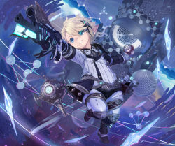 1boy blonde_hair blue_eyes earrings ell final_fantasy final_fantasy_xiv floating floating_hair gloves glowing gun highres holding holding_gun holding_weapon jewelry lalafell machinist_(final_fantasy) male_focus omega_(final_fantasy) parted_lips pointing_weapon pointy_ears robot single_earring smile solo teeth weapon white_gloves