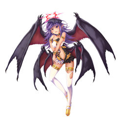  &gt;:d 1girl :d armlet bare_shoulders blush bracelet breasts choker covered_erect_nipples darklord_ixchel darklord_ixtab demon_girl demon_wings dress duel_monster earrings fang full_body gluteal_fold halo head_wings highres jewelry large_breasts long_hair looking_at_viewer multicolored_clothes multicolored_dress multiple_wings navel open_mouth pointy_ears purple_eyes purple_hair shoes short_dress smile solo stomach takayuuki thighhighs torn_clothes torn_thighhighs v-shaped_eyebrows white_background white_thighhighs wings yellow_footwear yu-gi-oh! 