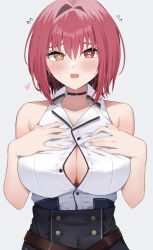  1girl black_choker black_skirt blush breasts choker cleavage collared_shirt fang hands_on_own_chest heart heart-shaped_pupils heterochromia high-waist_skirt highres hololive houshou_marine houshou_marine_(businesswoman) large_breasts looking_at_viewer official_alternate_costume open_mouth partially_unbuttoned red_eyes red_hair shirt short_hair skirt sleeveless sleeveless_shirt symbol-shaped_pupils ute_(perouthi) virtual_youtuber white_background white_shirt yellow_eyes 