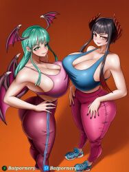  2girls absurdres armpits ass asymmetrical_docking bare_shoulders bat_wings batpornery black_hair black_nails blue_bra blue_footwear bra breast_press breasts capcom capri_pants cleavage collarbone commentary demon_girl demon_horns eliza_(tekken) english_commentary female_focus from_above from_side gradient_background gradient_hair green_eyes hand_on_own_hip head_wings highres hime_cut horns huge_ass large_breasts lips long_hair low_wings midriff morrigan_aensland multicolored_hair multiple_girls namco orange_background pants perspective pink_bra pink_pants shadow shoes short_hair_with_long_locks sidelocks simple_background slit_pupils sports_bra tekken tekken_8 thick_thighs thighs underwear v-shaped_eyebrows vampire vampire_(game) wide_hips wings yellow_eyes 