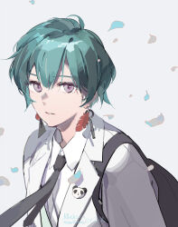  1other 2024 androgynous artist_name black_bag black_necktie character_name collared_shirt commentary earrings gender_request green_hair grey_background grey_eyes happy_birthday highres jacket jewelry looking_at_viewer looking_to_the_side necktie nijisanji ryuushen shirt short_hair simple_background solo tennohi upper_body virtual_youtuber white_jacket white_shirt 