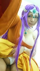  1girl asian breasts chouzuki_maryou chunsoft cosplay dragon_quest dragon_quest_iv enix highres large_breasts minea_(dq4) minea_(cosplay) photo_(medium) plump purple_hair solo 