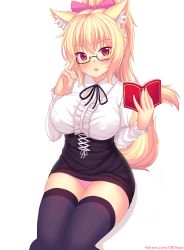 1girl :o animal_ear_fluff animal_ears bespectacled black-framed_eyewear black_skirt black_thighhighs blonde_hair blush book bow breasts cat_ears cat_girl cat_tail center_frills collared_shirt commentary covered_erect_nipples english_commentary frills glasses hair_bow high_ponytail highres holding holding_book large_breasts long_hair long_sleeves looking_at_viewer nottytiffy open_book original panties parted_lips pink_bow pink_panties ponytail semi-rimless_eyewear shirt sitting skirt solo tail thighhighs tiffy_(nottytiffy) under-rim_eyewear underwear watermark web_address white_shirt rating:Questionable score:37 user:danbooru