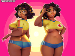  1girl abstract_background artist_name ass breasts brown_eyes brown_hair cowboy_shot crisisbeat crop_top curly_hair curvy dark-skinned_female dark_skin earrings encanto football_uniform glasses jewelry large_breasts looking_at_viewer looking_back mirabel_madrigal multiple_views navel shirt short_hair short_shorts shorts smile sportswear t-shirt thick_eyebrows thick_thighs thighs underboob uniform  rating:Questionable score:83 user:DEVILFISH97