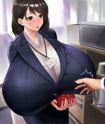  1girl black_eyes black_hair blush breast_rest breasts chocolate closed_eyes desk earrings fingernails food formal gigantic_breasts highres holding holding_chocolate holding_food id_card impossible_clothes indoors jewelry male_hand masamasa matching_hair/eyes medium_breasts open_mouth short_hair skin_tight smile solo_focus standing suit triangle_mouth valentine window 