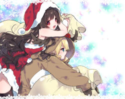  2girls :d animal_costume black_hair black_mittens black_thighhighs blonde_hair blue_eyes blush border breasts commentary dress hamayumiba_sou hat holding holding_sack lace lace_border long_sleeves looking_ahead looking_at_viewer looking_to_the_side midori_hemo mittens multiple_girls nukui_hayu ochikobore_fruit_tart open_mouth ornate_border profile red_dress red_eyes reindeer_costume sack santa_dress santa_hat short_dress small_breasts smile star_(symbol) starry_background strapless strapless_dress thick_eyebrows thighhighs 