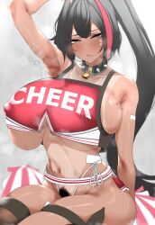  1girl ahoge aizawa_marimo arm_up armpits bare_shoulders bay_(nikke) black_hair black_thighhighs blush breasts cheerleader collar collarbone crop_top dark-skinned_female dark_skin facial_tattoo female_pubic_hair goddess_of_victory:_nikke grey_eyes hair_in_own_mouth hair_intakes hairband huge_breasts long_hair looking_at_viewer mole mole_on_breast mole_on_stomach mole_under_mouth multicolored_hair nipples_through_clothes pom_pom_(cheerleading) ponytail pubic_hair red_hair red_shirt red_skirt shirt single_thighhigh sitting skirt solo spiked_collar spikes streaked_hair sweat tan tanline tattoo thigh_strap thighhighs underboob 