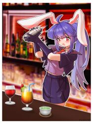  1girl absurdres ahoge alcohol animal_ears bar_(place) bartender black_gloves black_jacket black_skirt blush border chinese_commentary cocktail cocktail_shaker commentary_request cowboy_shot elbow_gloves gloves green_tea highres jacket long_hair looking_at_viewer medium_bangs midriff_peek nanoko541571609 navel necktie open_clothes open_jacket open_mouth orange_necktie pleated_skirt purple_hair purple_vest rabbit_ears rabbit_girl rabbit_tail red_eyes reisen_udongein_inaba rubber_gloves signature skirt smile solo tail tea tie_clip touhou touhou_hero_of_ice_fairy very_long_hair vest white_border wine 