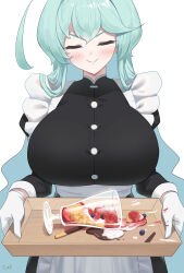  1girl absurdres ahoge alternate_costume apron aqua_hair black_dress blue_archive blueberry breasts closed_eyes commentary doyagao dress enmaided facing_viewer food fruit gloves head_tilt highres holding holding_tray huge_ahoge huge_breasts korean_commentary long_hair maid maid_apron melting no_halo parfait pocky simple_background smug solo spill strawberry tomid tray very_long_hair waist_apron white_apron white_background white_gloves you&#039;re_doing_it_wrong yume_(blue_archive) 
