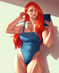  1girl breasts cleavage freckles highleg highleg_leotard highres holding holding_phone large_breasts leotard long_hair muscular muscular_female musketsgoboom original overalls phone red_hair red_lips smile solo yellow_eyes  rating:Sensitive score:21 user:danbooru