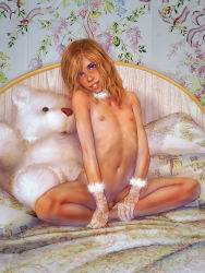  1boy androgynous blonde_hair commentary flaccid full_body fur_collar gloves head_tilt highres indian_style lace lace_gloves lips looking_at_viewer male_focus martin_(muhamaru_yuni) muhamaru_yuni navel nipples nude on_bed original parted_lips penis pillow sitting smile solo spread_legs stuffed_animal stuffed_toy trap wavy_hair  rating:Explicit score:92 user:danbooru