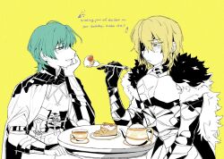  2boys alternate_hair_color armor bad_id bad_twitter_id birthday_cake blonde_hair blue_eyes blush byleth_(fire_emblem) byleth_(male)_(fire_emblem) cake cape closed_mouth commentary_request cup dimitri_alexandre_blaiddyd english_text enlightened_byleth_(male) eyepatch feeding fire_emblem fire_emblem:_three_houses food fork fruit gift_art gloves green_eyes green_hair hand_on_own_chin hand_up happy_birthday highres holding holding_fork inactive_account jmeysan long_sleeves looking_down male_focus multiple_boys nintendo open_mouth partially_colored short_hair simple_background smile strawberry table teacup teapot upper_body yaoi yellow_background 