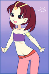  1girl armlet blue_background borrowed_character bracelet brown_eyes brown_hair collarbone dancer drantyno flat_chest gradient_background harem_outfit highres jewelry loli long_hair midriff navel open_mouth pants pink_pants purple_shirt shirt smile standing strapless tiara tube_top twintails 