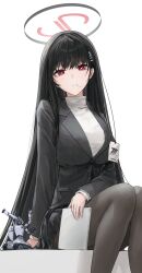  1girl bag_(chrko_bag) black_hair black_halo black_pantyhose black_suit blue_archive breasts formal hair_behind_ear hair_ornament hairpin halo highres holding holding_tablet_pc id_card large_breasts long_hair long_sleeves looking_at_viewer open_mouth pantyhose red_eyes rio_(blue_archive) robot simple_background sitting solo suit sweater tablet_pc turtleneck turtleneck_sweater very_long_hair white_background white_sweater 