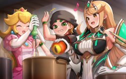  3girls arms_(game) bandanna bangs bare_shoulders blonde_hair breasts chest_jewel cooking disgust dress earrings elbow_gloves eyes_closed food gem gloves gonzarez green_eyes headpiece highres jewelry large_breasts long_hair mario_(series) min_min_(arms) multiple_girls mythra_(massive_melee)_(xenoblade) mythra_(xenoblade) nintendo noodles open_mouth princess_peach short_dress smile super_smash_bros. swept_bangs tiara very_long_hair white_dress white_gloves xenoblade_chronicles_(series) xenoblade_chronicles_2 yellow_eyes 