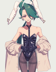  1girl alternate_costume animal_ears bare_shoulders black_gloves black_pantyhose blush breasts closed_mouth coat coat_partially_removed collarbone commentary commentary_request cowboy_shot creatures_(company) earrings fake_animal_ears game_freak gloves green_hair grey_background hair_over_one_eye hands_on_own_stomach highres jewelry leotard light_smile long_hair looking_at_viewer miri_(cherryjelly) necktie nintendo pantyhose playboy_bunny pokemon pokemon_sv rabbit_ears red_eyes rika_(pokemon) shiny_clothes simple_background small_breasts solo standing thigh_gap very_long_hair white_coat 