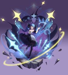 1girl 9rings black_bow black_dress black_pantyhose bow breasts dress drill_hair frilled_dress frills full_body gradient_background grey_dress gwen_(league_of_legends) hair_bow hand_up high_heels highres large_breasts league_of_legends long_hair medium_breasts oversized_object pantyhose puffy_short_sleeves puffy_sleeves scissors shoes short_sleeves smile solo sparkle standing strapless strapless_dress twin_drills twintails rating:Sensitive score:8 user:danbooru