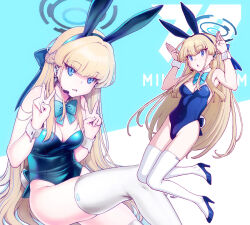  1girl :o animal_ears aqua_bow aqua_bowtie arms_up blonde_hair blue_archive blue_eyes blue_footwear blue_hairband blue_leotard bow bowtie breasts cleavage detached_collar double_v earpiece fake_animal_ears fake_tail full_body hairband halo high_heels highleg highleg_leotard highres hijiri_rei leotard long_hair looking_at_viewer medium_breasts multiple_views official_alternate_costume open_mouth playboy_bunny rabbit_ears rabbit_pose rabbit_tail skindentation strapless strapless_leotard tail thighhighs toki_(blue_archive) toki_(bunny)_(blue_archive) two-tone_background v very_long_hair white_thighhighs white_wrist_cuffs wrist_cuffs 