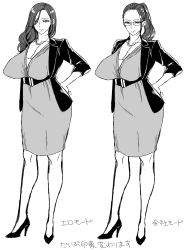 1girl absurdres breasts character_sheet concept_art curvy female_focus full_body glasses high_heels highres large_breasts mole mole_on_neck mole_under_mouth monochrome multiple_views office_lady simple_background sketch standing usagi_nagomu rating:Questionable score:32 user:cheezeit