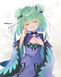  1girl :d ^_^ blue_bow blue_dress blue_hair blue_sleeves blush bow closed_eyes commentary_request crying detached_sleeves double_bun dress facing_viewer flying_sweatdrops green_hair grey_background hair_between_eyes hair_bow hair_bun hair_ornament hands_up head_tilt highres hololive juliet_sleeves long_sleeves mocha_(naturefour) open_mouth puffy_sleeves signature skull_hair_ornament sleeveless sleeveless_dress smile solo tears twitter_username uruha_rushia uruha_rushia_(1st_costume) virtual_youtuber white_background wide_sleeves  rating:Questionable score:10 user:danbooru