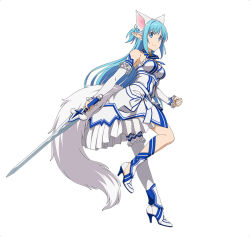  armor asuna_(alo-sao) blue_eyes blue_hair blush long_hair official_art smile sword sword_art_online warrior weapon asuna_(sao)  rating:Sensitive score:9 user:mioxnorman