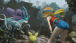  1girl bare_arms belt bent_over blue_gloves blue_shorts brown_hair commentary_request creatures_(company) cropped_jacket fagi_(kakikaki) fingerless_gloves flipped_hair floating_scarf game_freak gen_2_pokemon gloves goggles goggles_on_head jacket legendary_pokemon nintendo outdoors pichu pokemon pokemon_(creature) pokemon_ranger pokemon_ranger_3 rain red_belt red_jacket rock scarf shorts sleeveless sleeveless_jacket suicune summer_(pokemon) wall yellow_scarf 