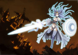 00s 10s 1girl armor bad_id bad_pixiv_id bare_shoulders blue_hair boots breasts cleavage detached_sleeves female_focus floating floating_hair glowing headdress horns kiarino kiarinoy long_hair midriff polearm red_eyes riela_marcellis senjou_no_valkyria_(series) senjou_no_valkyria_3 shield silver_hair single_horn solo spear sword thigh_boots thighhighs weapon 