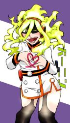  1girl absurdres artist_request belt belted_dress boku_no_hero_academia breasts burnin_(boku_no_hero_academia) buttons clenched_hands collared_dress crazy_eyes double-breasted dress eye_mask eyebrows_visible_through_mask fangs female_focus fiery_hair fire fire_extinguisher garter_straps gradient_hair green_fire green_hair hair_between_eyes hair_ornament hairband happy heart heart_hands highres jacket japanese_text kamiji_moe large_breasts long_bangs long_hair long_sleeves looking_at_viewer mask multicolored_hair neck one_eye_closed open_mouth pigeon-toed pinky_out ponytail red_hairband short_dress side_slit sidelocks signature standing suit_jacket thick_thighs thighhighs thighs two-tone_background wide_ponytail wink yellow_eyes 