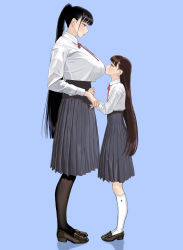 2girls absurdres bad_id bad_pixiv_id black_legwear blue_background blush breasts height_difference highres hiramedousa huge_breasts large_breasts light_blush long_hair long_skirt looking_at_another looking_down looking_up multiple_girls original pantyhose ponytail school_uniform shirt_tucked_in simple_background size_difference skirt socks tall_female very_long_hair white_legwear yuri rating:Questionable score:101 user:danbooru
