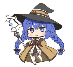  1girl black_hat black_ribbon blue_eyes blue_hair blush_stickers boots braid brown_robe chibi closed_mouth eyebrows_hidden_by_hair flat_chest full_body hair_between_eyes hair_ribbon hand_on_own_chest hat highres holding holding_staff jacket knee_boots large_hat looking_at_viewer mage_staff mushoku_tensei ribbon robe roxy_migurdia shizukushigure simple_background smile solo staff standing standing_on_one_leg twin_braids white_background white_footwear white_jacket witch_hat 