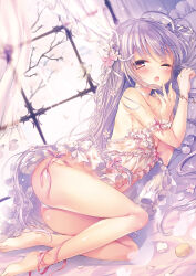  1girl ahoge ass babydoll barefoot bracelet braid branch breasts bug butterfly cherry_tree choker curtains feet flower food frilled_babydoll frilled_pillow frills hair_flower hair_ornament hand_to_own_mouth hand_up highres insect jewelry lace lace_choker long_hair looking_at_viewer lying macaron marshmallow on_bed on_side one_eye_closed open_mouth original panties pillow pink_eyes purple_hair ribbon rubi-sama side_braids sleepy small_breasts solo sparkle string_around_ankle string_panties thighs underwear very_long_hair waking_up white_babydoll white_butterfly white_choker white_panties white_ribbon window yawning 