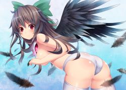  1girl alcohol_(coldfront) ass bad_id bad_pixiv_id bent_over bikini bikini_bottom_only black_hair black_wings blonde_hair bow breasts brown_hair coldfront feathers female_focus hair_bow hair_ribbon light_smile long_hair panties panties_only red_eyes reiuji_utsuho ribbon solo swimsuit thighhighs third_eye topless touhou underwear underwear_only white_bikini white_panties white_thighhighs wings  rating:Questionable score:25 user:danbooru