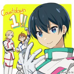  3boys artist_request blonde_hair blue_eyes brown_eyes brown_hair clenched_hands countdown forden_akane gloves hair_behind_ear highres jacket kuzuryuu_ryouta looking_at_viewer male_focus multiple_boys official_art onari_taisei pants ponytail shinkalion:_change_the_world shinkalion_(series) short_hair smile white_gloves white_jacket white_pants yellow_background 
