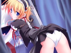  1girl angel_maid ass back black_dress blue_eyes blush bow detached_sleeves dress erna_fiole frills game_cg hair_ribbon headdress large_bow leaning_forward looking_back maid orange_hair panties pantyshot ribbon short_twintails solo standing twintails underwear upskirt white_panties 