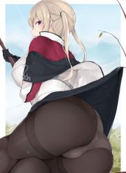 1girl absurdres arm_under_breasts ass black_gloves black_skirt blonde_hair blush border branch breasts capelet day embarrassed gloves graf_zeppelin_(kancolle) grey_jacket grey_panties highres jacket kantai_collection large_breasts lying maruyaa_(malya1006) on_side outdoors outside_border panties pantyhose pleated_skirt purple_eyes sidelocks sitting skirt skirt_caught_on_object snagged solo thighband_pantyhose tree twintails underwear white_border rating:Questionable score:24 user:danbooru