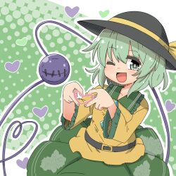  1girl ;d belt black_belt black_hat blush bright_pupils commentary cowboy_shot eyes_visible_through_hair floral_print frilled_shirt_collar frilled_sleeves frills green_background green_eyes green_hair green_skirt hair_between_eyes hands_up happy hat hat_ribbon heart heart_hands heart_in_heart_hands heart_of_string highres koishi_day komeiji_koishi long_sleeves looking_at_viewer medium_hair one_eye_closed ooyama_bokuchi open_mouth polka_dot polka_dot_background print_skirt ribbon rose_print shirt simple_background skirt smile solo tareme third_eye touhou white_pupils wide_sleeves yellow_ribbon yellow_shirt 