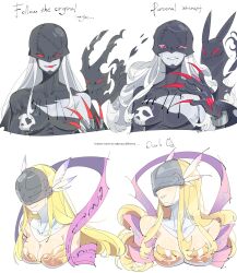  2girls angel angel_and_devil angewomon armor black_bodysuit black_mask blonde_hair bodysuit breastplate breasts cleavage colored_skin covered_collarbone covered_eyes demon_girl digimon digimon_(creature) english_text eyelashes fang fangs fingernails grey_skin head_wings helmet helmet_over_eyes highres ladydevimon large_breasts long_fingernails long_hair multiple_girls multiple_views pink_ribbon print_bodysuit red_eyes ribbon skull_print smile stitches torn_bodysuit torn_clothes upper_body white_hair wings zocehuy 