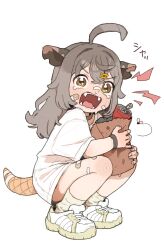  1girl absurdres ahoge animal_ears bag bandaid bandaid_on_face brown_eyes brown_hair crying crying_with_eyes_open frown growling highres long_hair looking_at_viewer macci_(opossumachine) open_mouth opossumachine original paper_bag possum_ears possum_girl possum_tail shirt shoes short_sleeves simple_background sneakers solo tears white_footwear white_shirt  rating:Sensitive score:21 user:danbooru